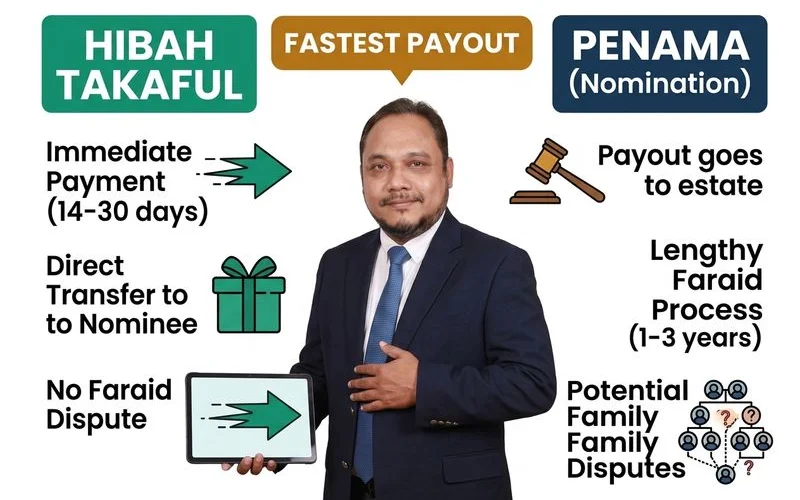 Diagram perbandingan Hibah Takaful vs Nominasi biasa