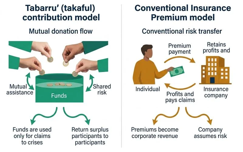 Infografik perbandingan model Tabarru' vs insurans konvensional