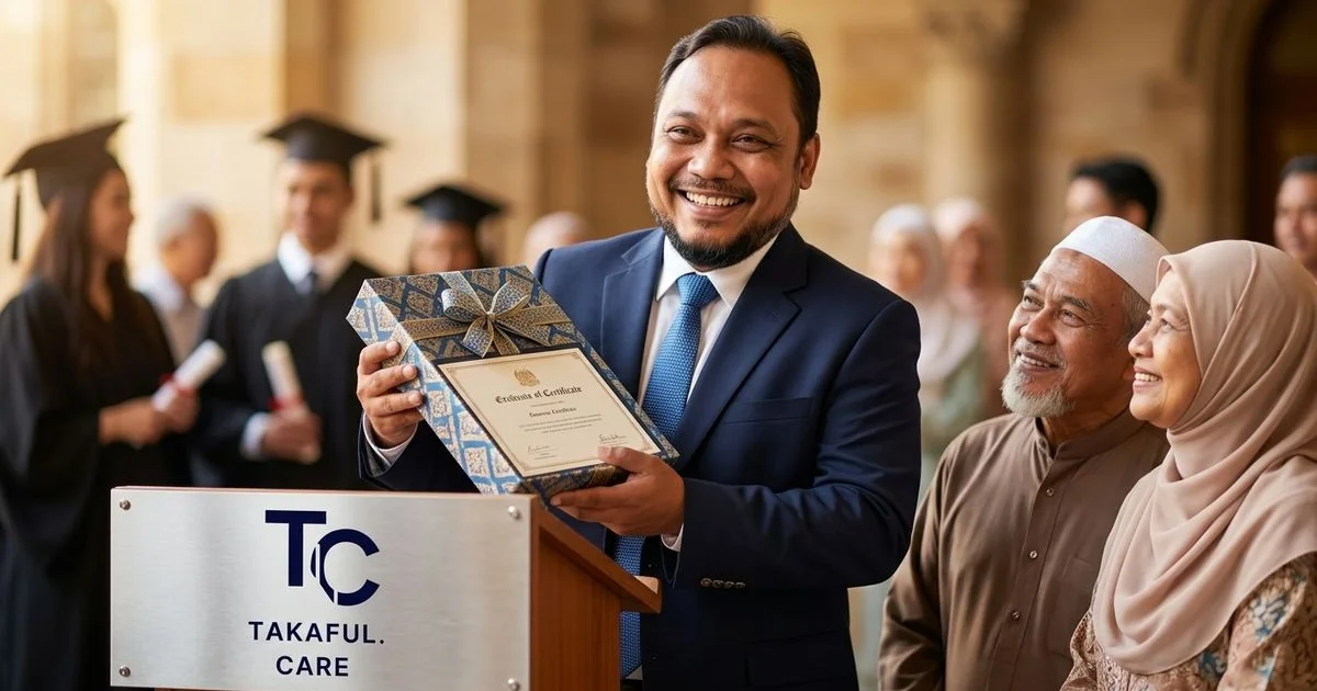 Anak Melayu memegang kotak hadiah di hari graduation — simbol perlindungan hibah jangka panjang