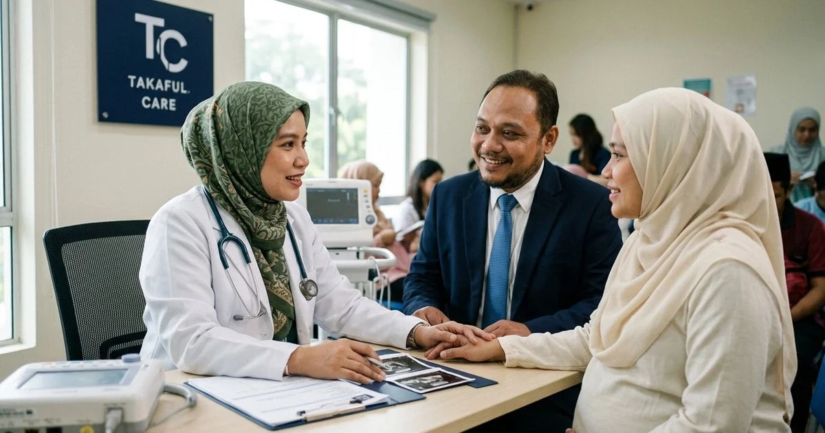 Doktor wanita berbual dengan ibu hamil tentang komplikasi kehamilan yang dicover takaful