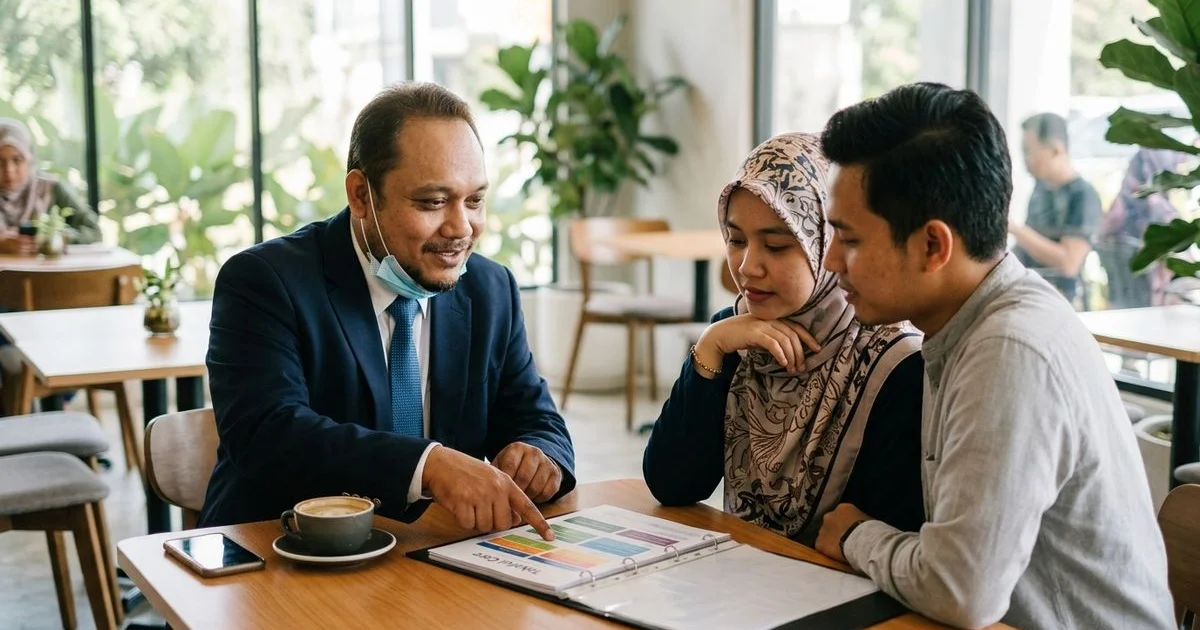Ejen takaful menerangkan plan medical card kepada pasangan di kafe