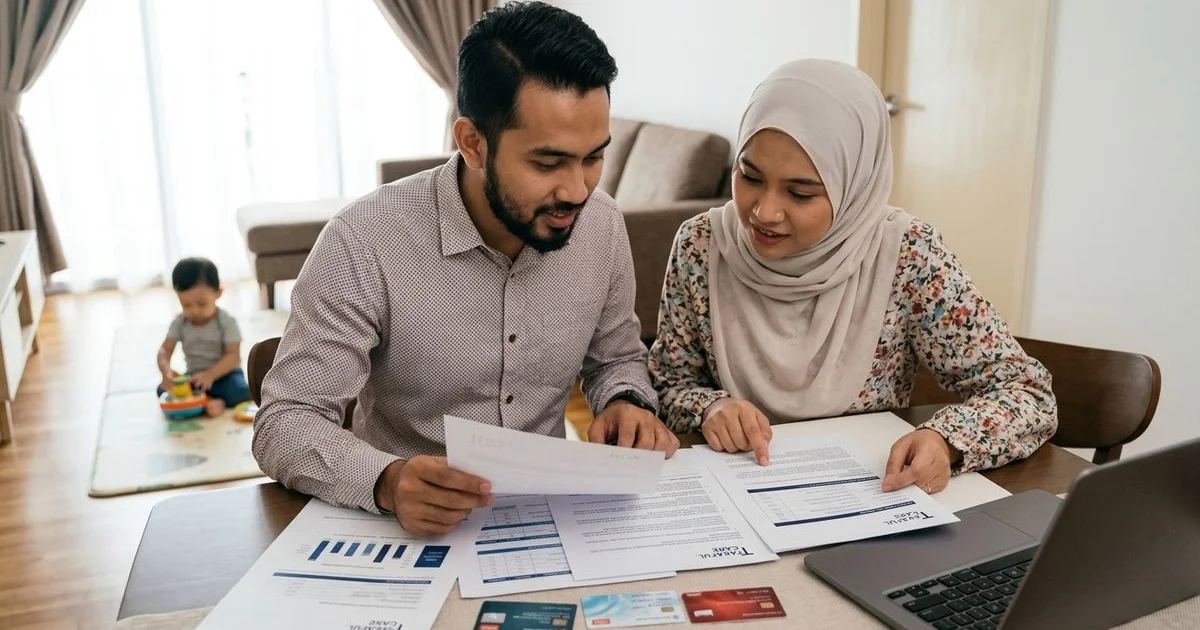 Ibu bapa muda Melayu melihat dokumen syarat kelayakan medical card di meja rumah