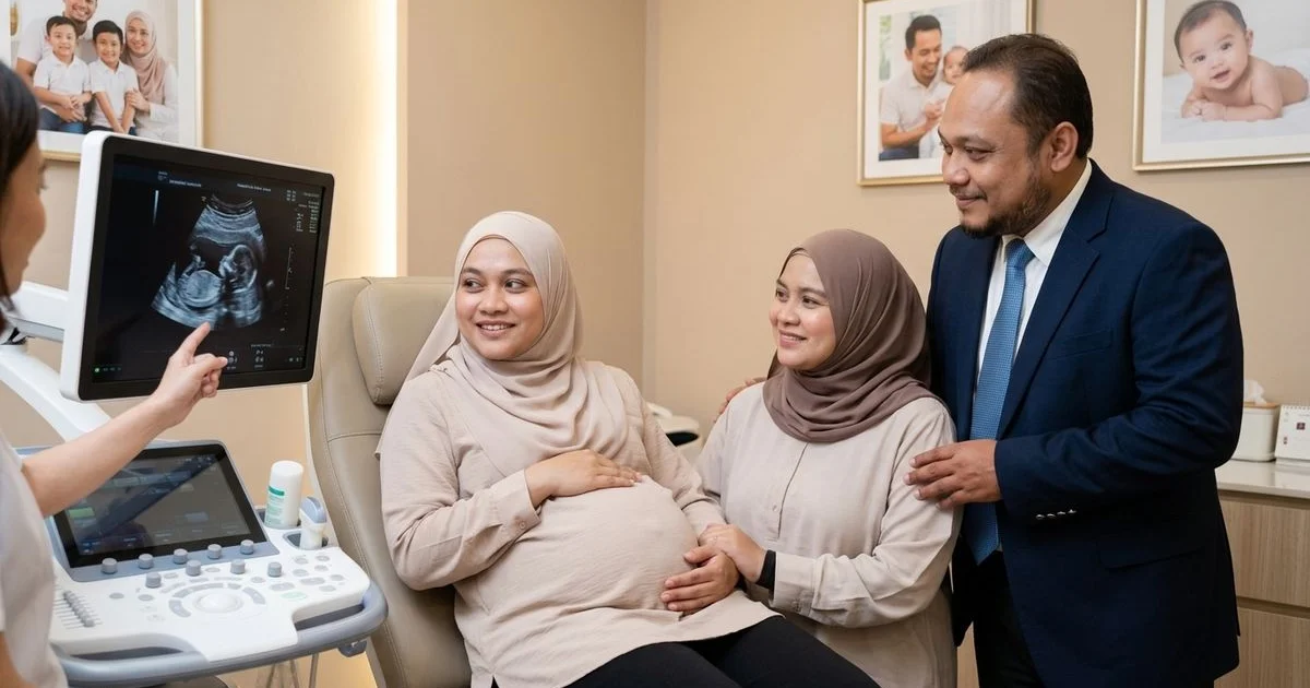 Ibu hamil Melayu di klinik antenatal melihat scan ultrasound