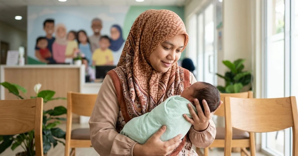 Ibu Melayu memeluk bayi di klinik paediatrik