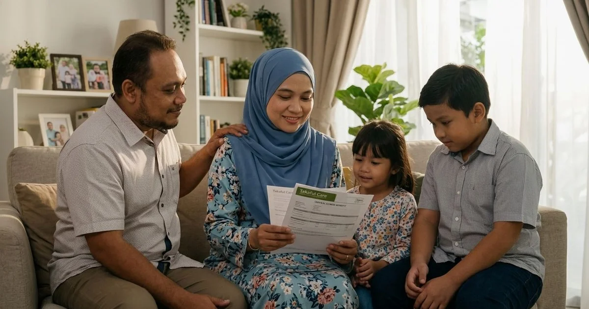 Keluarga Melayu dengan ibu memegang dokumen lump sum CI takaful