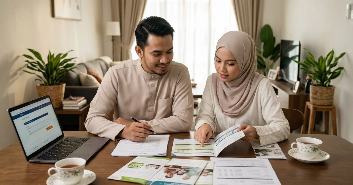 Keluarga Melayu berbincang dokumen hibah takaful di meja rumah