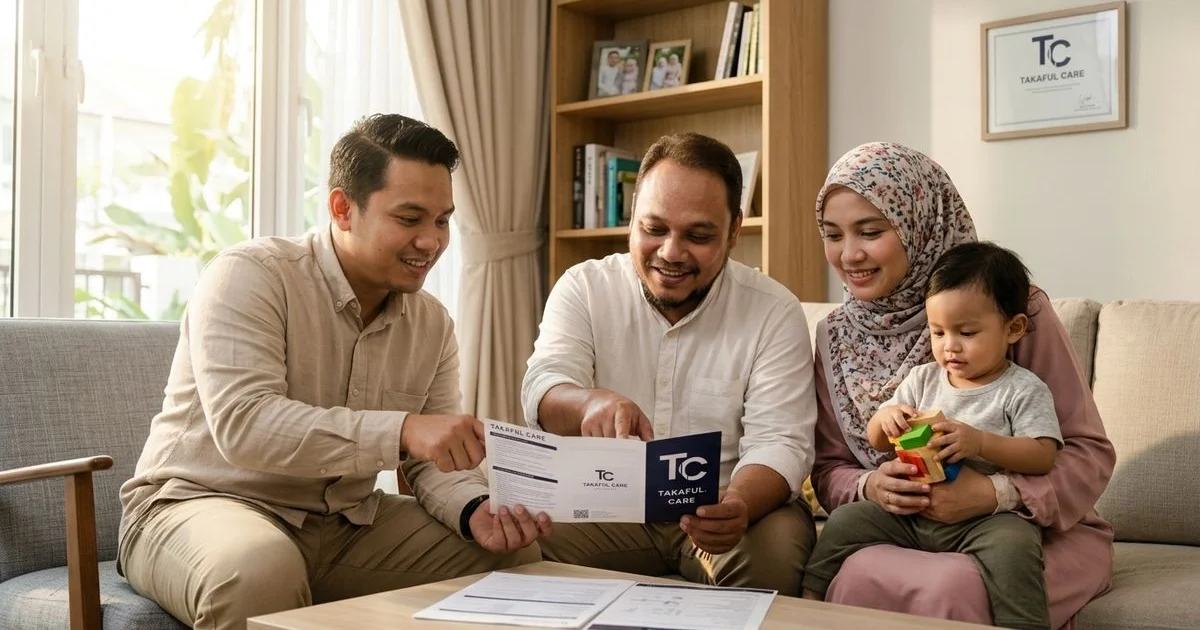 Keluarga muda Melayu berbincang plan medical card anak
