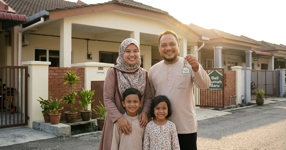 Keluarga muda Melayu dengan dua anak di hadapan rumah baru — senario perlu hibah takaful