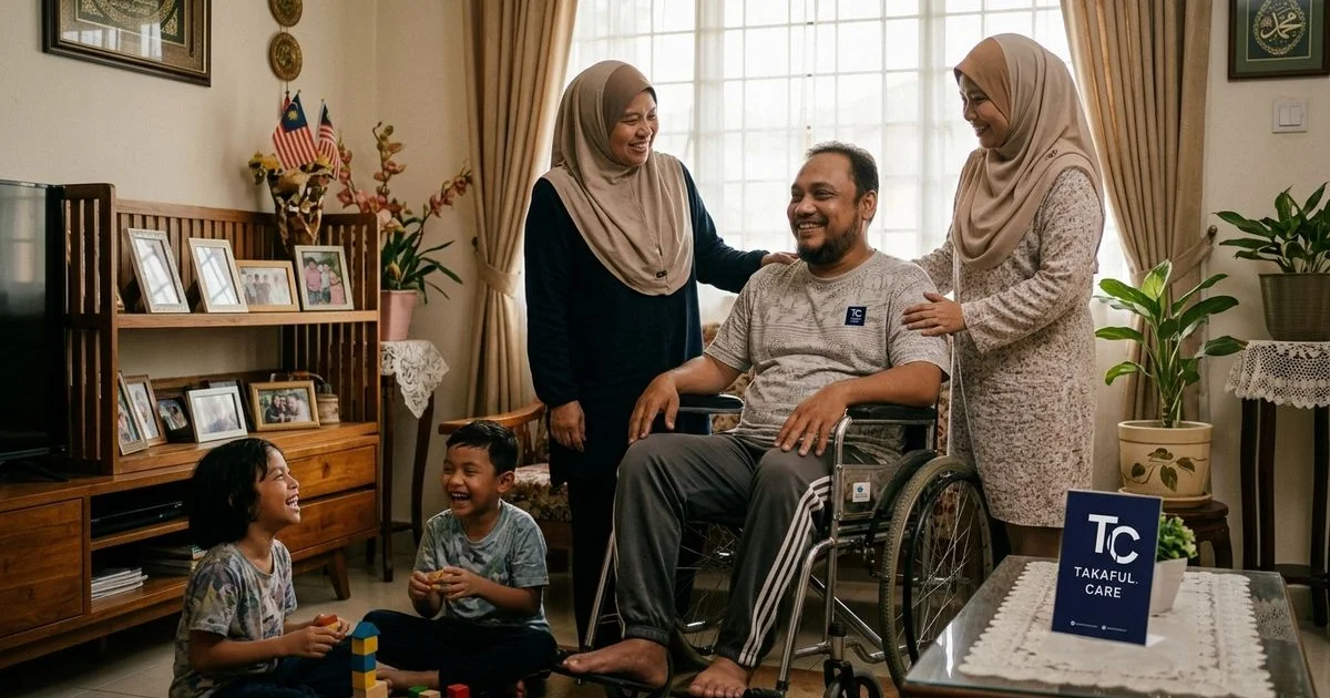 Lelaki kerusi roda dengan keluarga — ilustrasi definisi TPD vs hilang upaya separa