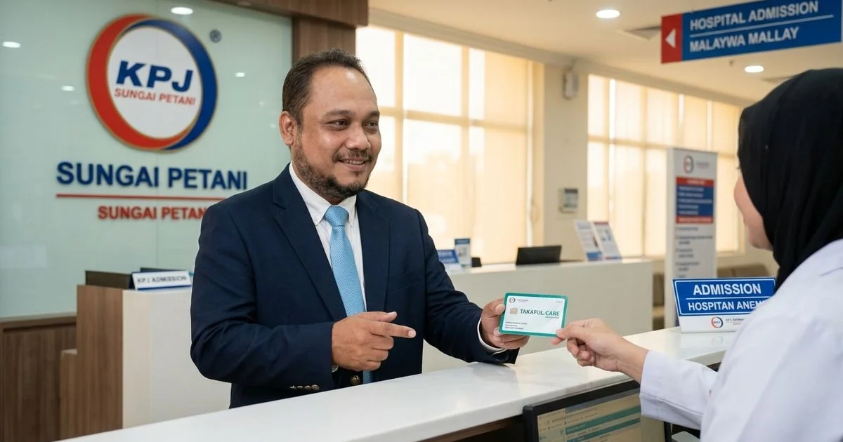 Lelaki Melayu Muslim memegang kad takaful di kaunter hospital panel