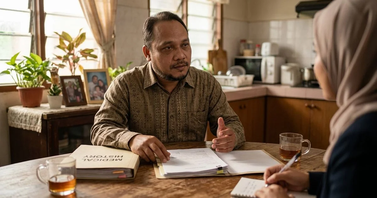 Lelaki Melayu pertengahan umur berbual jujur dengan ejen takaful tentang pre-existing illness