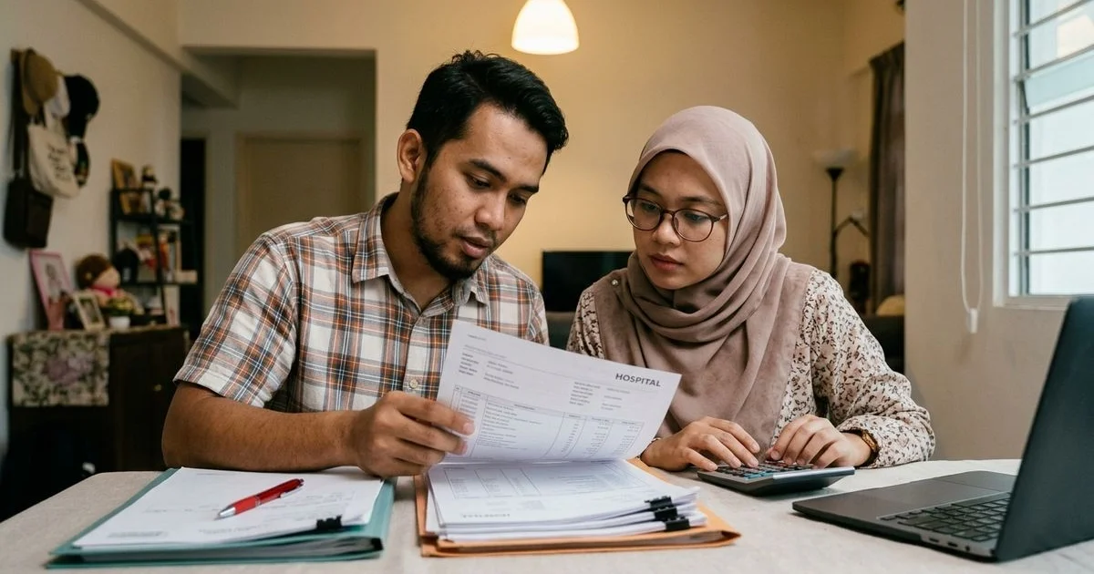Pasangan muda berbincang bil hospital di meja makan, kerisauan kewangan inflasi perubatan
