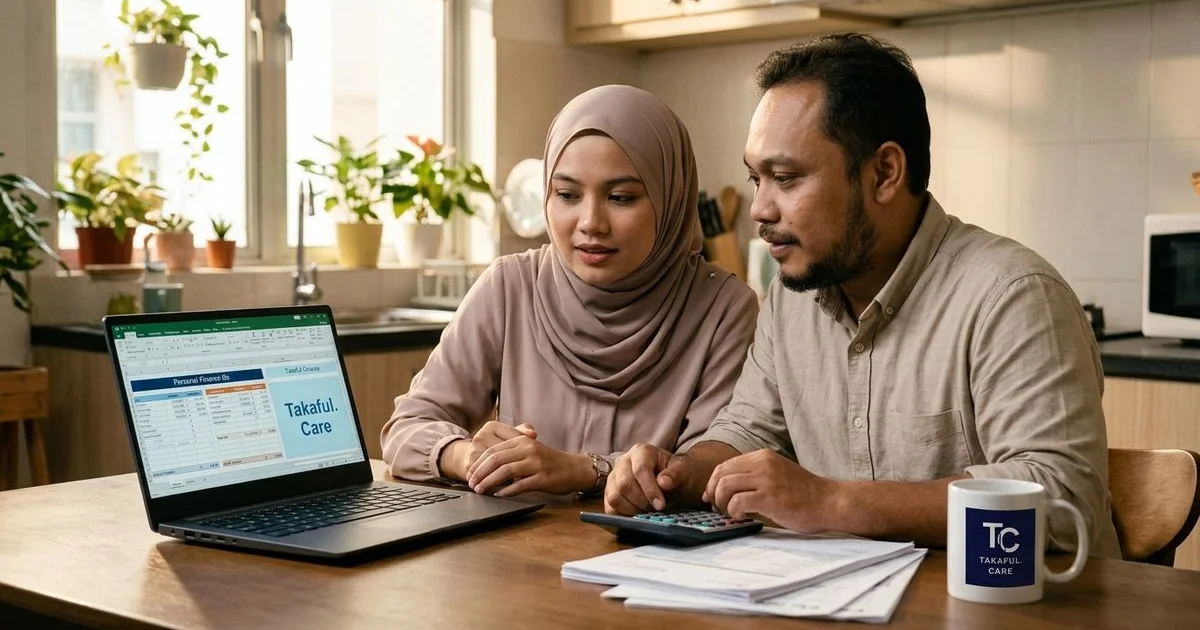 Pasangan muda mengira bajet medical card takaful di laptop