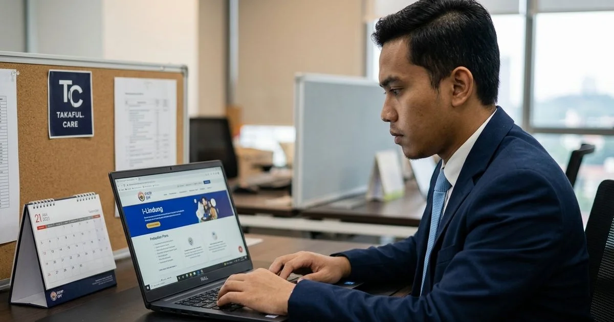 Pekerja muda Melayu mengakses portal i-Akaun KWSP untuk i-Lindung