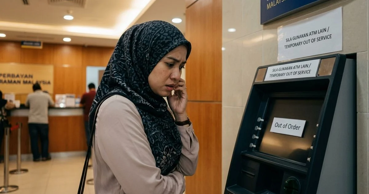 Wanita Melayu di hadapan ATM yang ditutup — simbol akaun bank beku selepas kematian