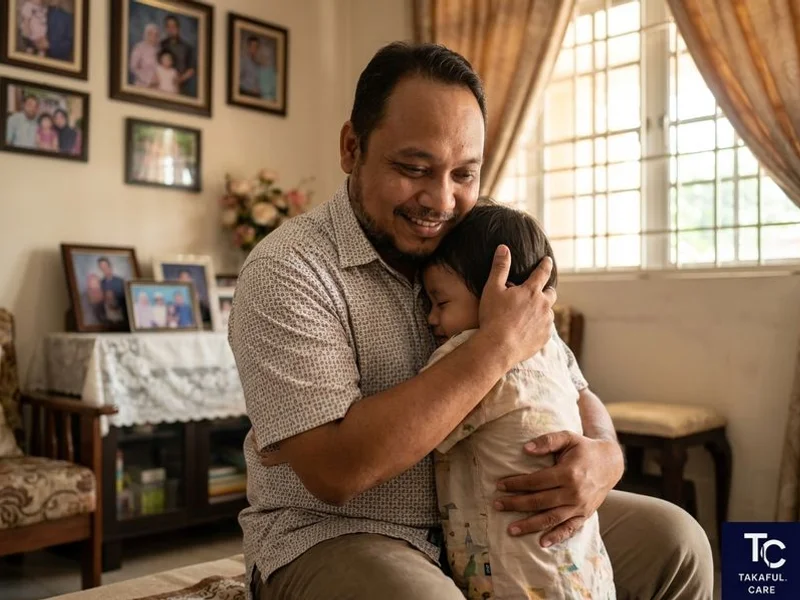 Bapa Melayu Muslim memeluk anak kecil — simbol perlindungan hibah takaful jangka panjang