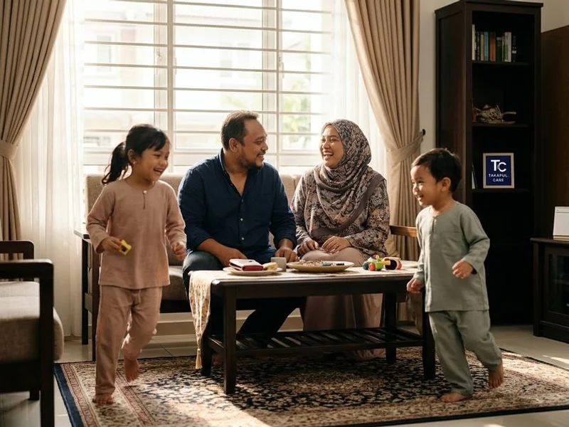 Keluarga muda Melayu Muslim bahagia di ruang tamu rumah