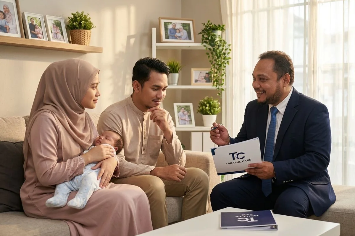 Keluarga muda Melayu Muslim berbincang dengan Alpian Ali tentang pelan takaful keluarga di Sungai Petani